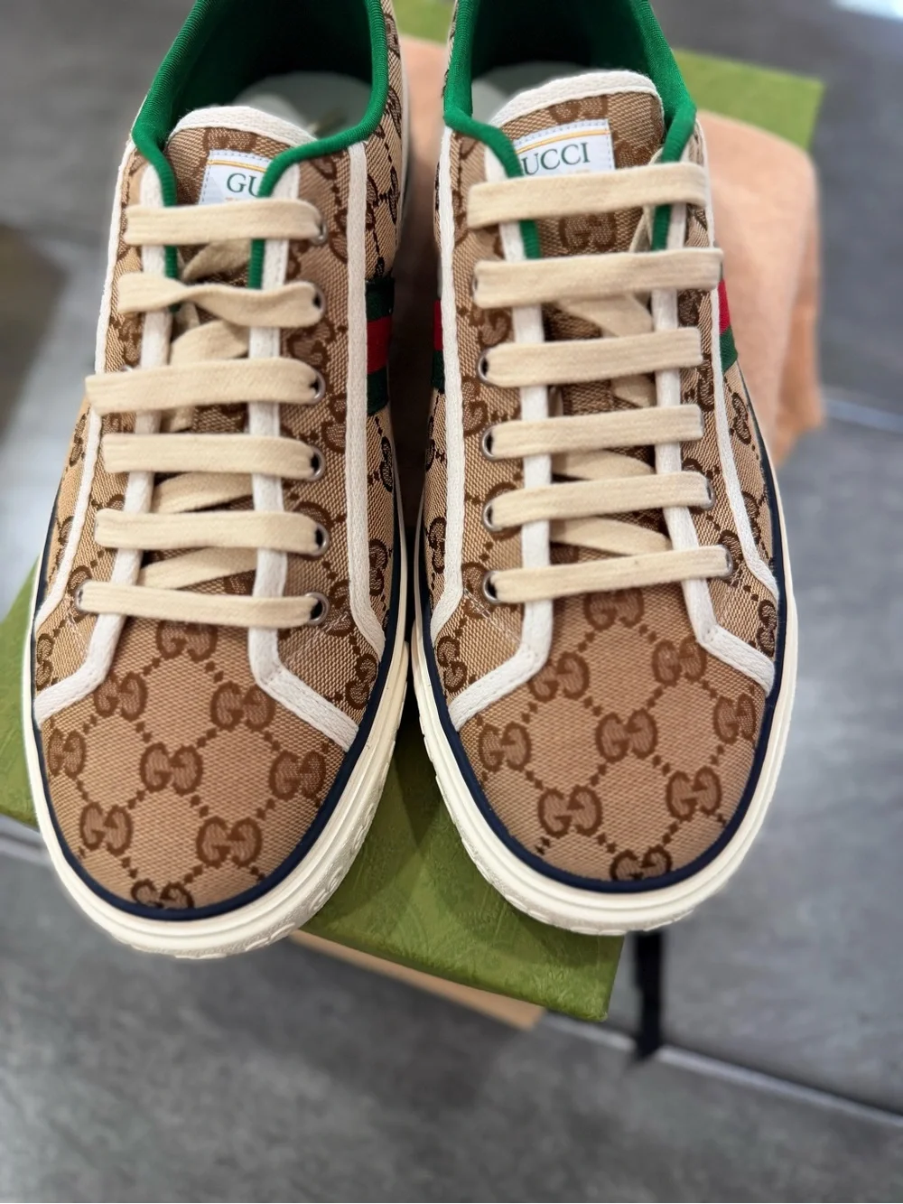 Gucci Brown GG Canvas Low-Top Sneakers with Green and Red Web